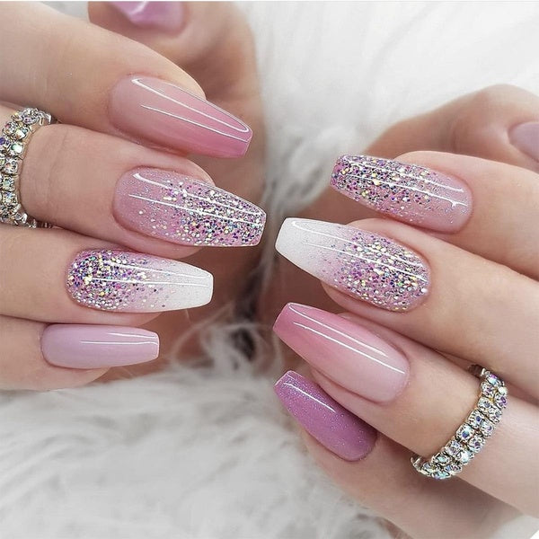 Purple French Fake Nails Pink Gradient False Nails Silver Glitter Wearable Acrylic Nails Full Cover Nails Tips Fashion