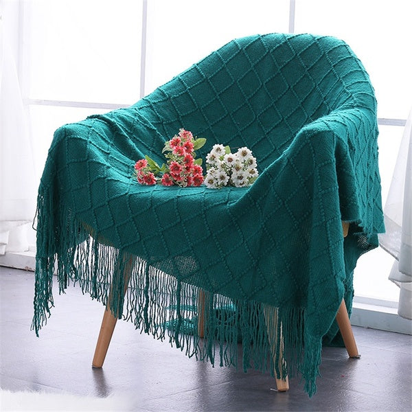 Household Simple Geometric Diamonds Pattern Blanket Tassels Knitted Throw Travel Blanket Sofa Air Condition Cashmere Blanket （11 Colors）