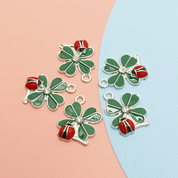 20Pcs Enamel Red Ladybug Charms Fit Bracelet Accessories Women Green Leaf charms Animal pendants jewelry making