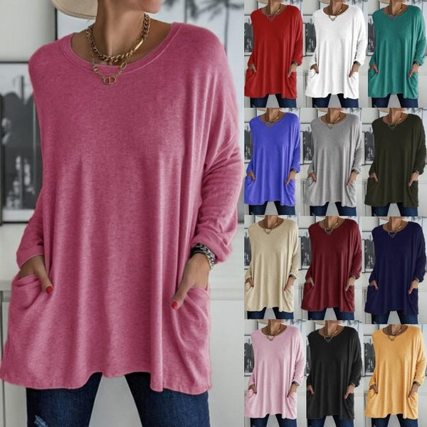 Women's Fashion Round Neck Long Sleeve T-shirts Ladies Solid Color Pocket Blouses Female Casual Loose Shirts Tops