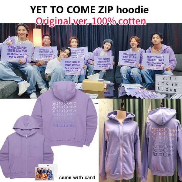 K-pop Original 100% Cotten Bangtang Yet to Come in BUSAN Concert Hoodie Zip Coat Purple Sweatshirt Hooded for Army Fans with Card