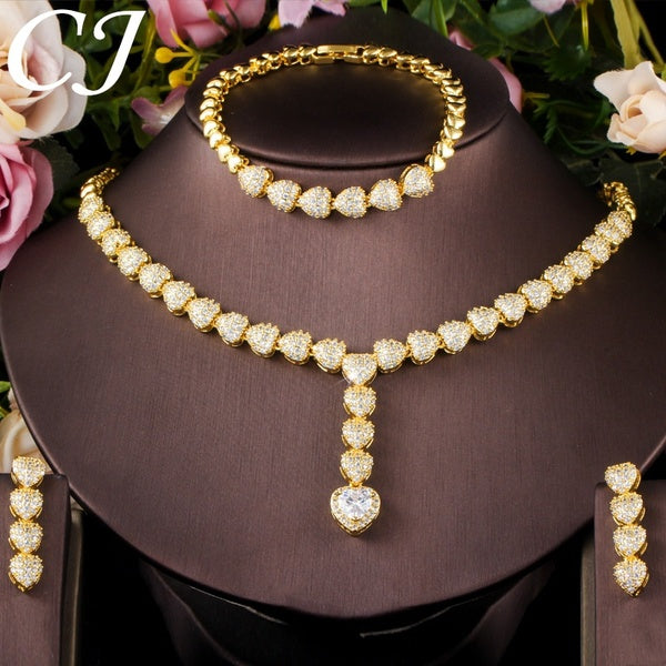 CANDICE Romantique Coeur Charme Goutte Collier Boucles D'oreilles Bracelet Ensemble avec Cubique Zircone Or Rempli Femmes Éthiopienne Ensemble de Bij