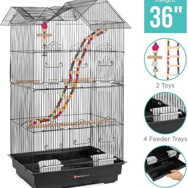 36in Indoor-Outdoor Iron Bird Cage for Parrot, Lovebird w-Removable Tray, 4 Feeders, 2 Toys