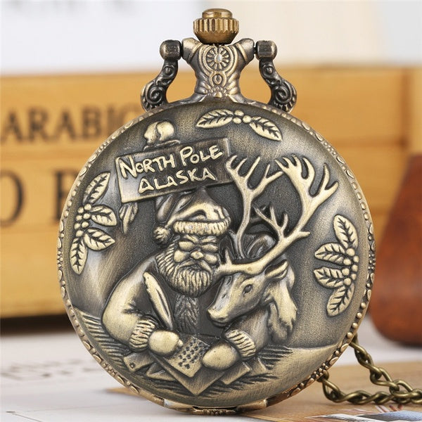 Bronze Thème De Noël Quartz Montre De Poche Père Noël Elk Affichage Rétro Pendentif Horloge Cadeaux pour Hommes Femmes Enfants Collier Chaîne
