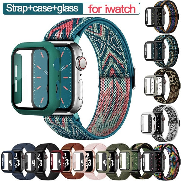 Bracelet + boîtier + verre pour montre intelligente 45mm 41mm 44mm 40mm 42mm 38mm Bracelet de sport élastique en nylon pour smartWatch'série 8 7 6 SE