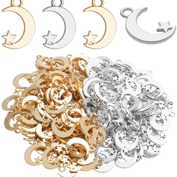 100 pcs Croissant de Lune et Étoile Charmes Pendentifs Alliage Bijoux pour la Fabrication de Boucles d'Oreilles Collier Bracelets, Or et Argent