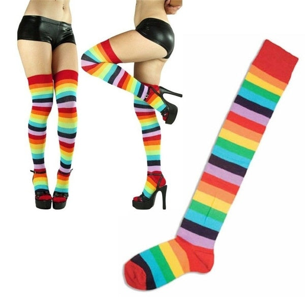 Women Over Knee Socks Rainbow Striped High Thigh Long Stripey Stocking Socks