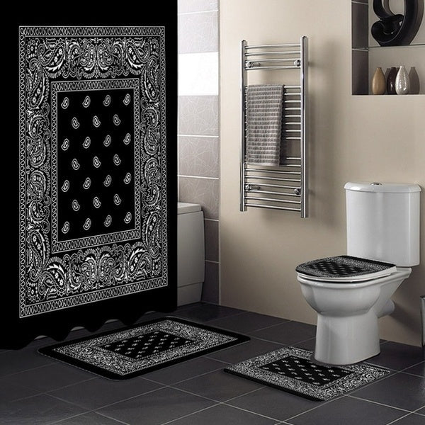 1-3-4PCS Bathroom Shower Curtain and Rug Sets Bandana Pattern Toilet Lid Cover Bath Mat Waterproof Shower Curtains