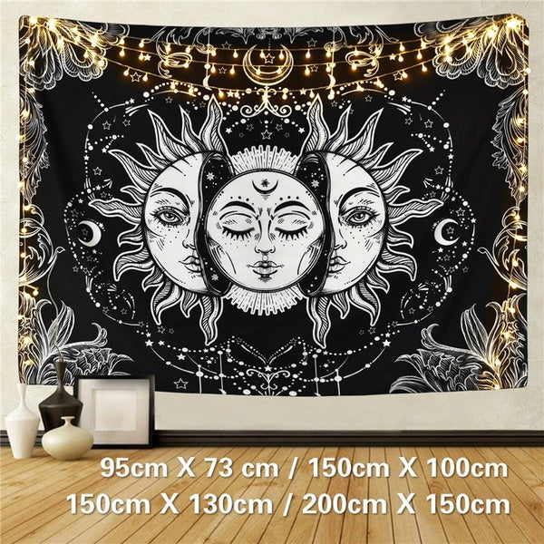 Wall Art Sun and Moon Tapestry Burning Sun with Star Tapestry Psychedelic Tapestry Black and White Mystic Tapestry Wall Hanging Home Decor( 95cm X 73
