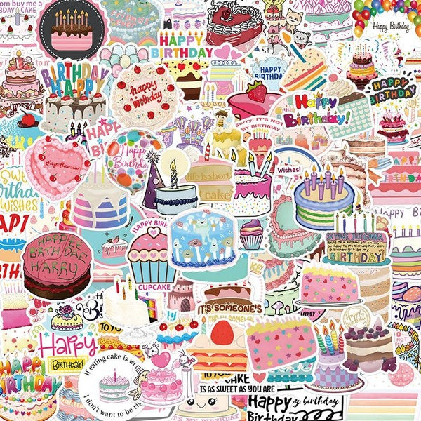 10-53Pcs Happy Birthday Cake Stickers Birthday Cream Cake Gift Graffiti Stickers for DIY Luggage Laptop Skateboard Motorcycle Bicycle Stickers