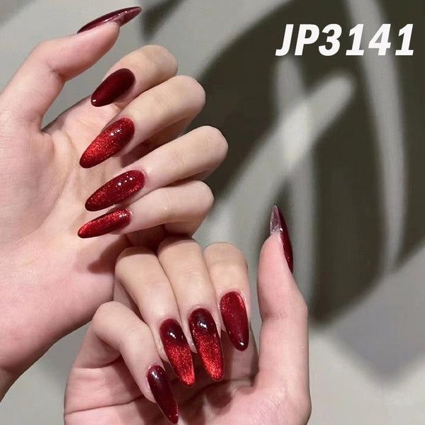 Red Mirror Almond False Nails Pink Love Heart Glitter Powder Wearable Nails French Almond Shaped Press On Nails for Girls