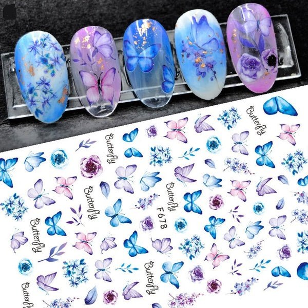 3D Laser Butterfly Nail Stickers Gradient Colorful Butterfly Rose Hydrangea Nail Sliders Decal For Manicure DIY Nail Decoration