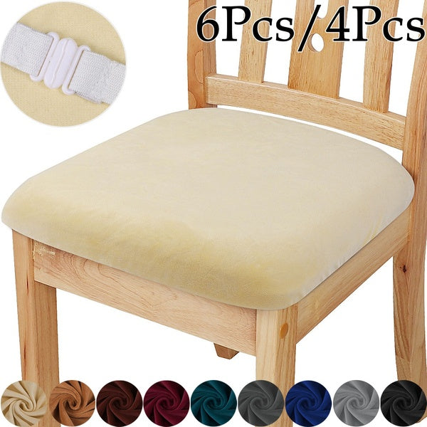 6-4Pcs Stretch Velvet Upholstered Dining Chair Seat Cushion Covers Removable Slipcovers with Buckles