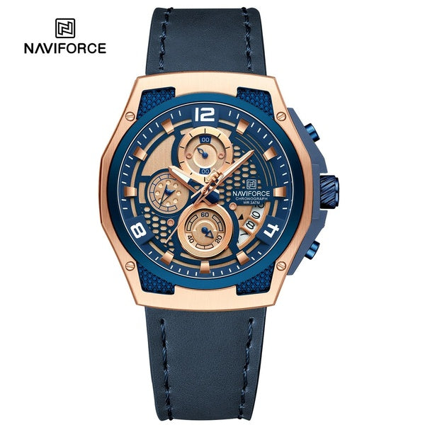 NAVIFORCE 8051L Montre à quartz pour homme - Étanche - Date - Pointeur lumineux - Boîtier en alliage de zinc - Bracelet en cuir - Cadran rond - Chron