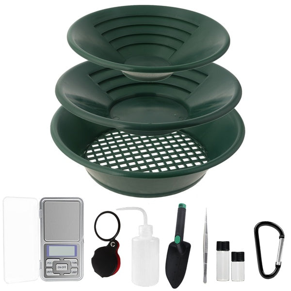 11PCS Gold Panning Mining Kit Prospecting Equipment with Trowel, Gold Scale, Vials, Magnifier, Tweezers, Squeeze Bottle, Carabiner, Gold Pan Kit for