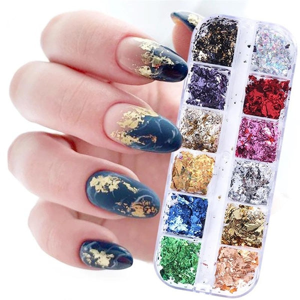 12 Grids-Set Mixed Color Holographic Nail Stickers Decals Starry Sky Transparent Nail Foils Tinfoil Paper Nail Glitter Flakes 3D Sequins Paillette Po