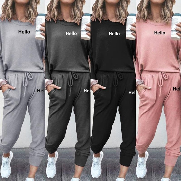 NEW Women Fashion Sport Wear Printed Tops+Pants Suit Running Set Solid Color Cotton Long Sleeved Jogging Tracksuit Plus Size S-2XL