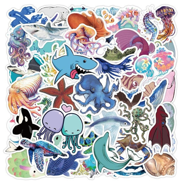 10-50Pcs Cartoon Marine Life Stickers Cute Marine Animal Graffiti Stickers for DIY Luggage Laptop Skateboard Motorcycle Bicycle Stickers