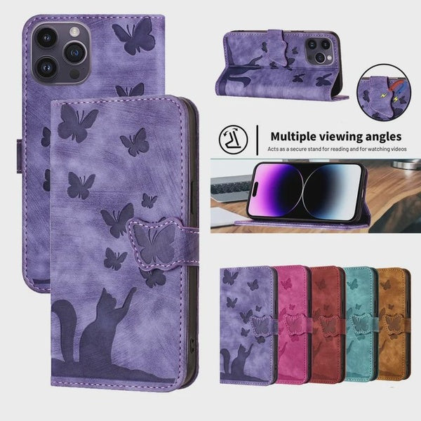 Cute Cat Butterfly Leather Flip Case for iPhone 16 15 14 13 12 11 Pro Max 7 8 Plus SE3 X Xs Max Xr Phone Wallet Book Cover