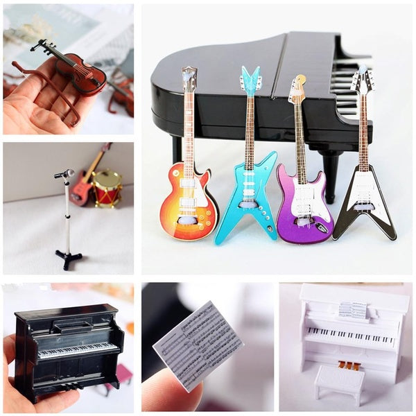1: 12 Doll House Mini Musical Instrument Model Piano-Guitar-Violin-Microphone-Trumpet Miniatures Scene Kids Toy