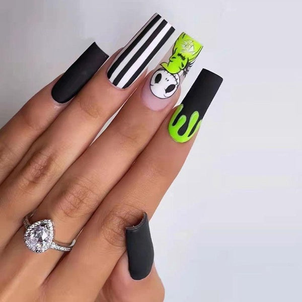 Fake Nails Art Black White Ballerina Fake Nails Press On Nails French Coffin Fake Nail Tips with Design Detachable Manicure Patches