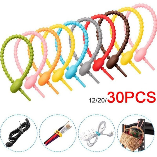 12-20-30PCS Cord Ties Reusable Silicone Cable Wire Ties Buckle Design Reusable Soft Data Cord Wraps For Earphone Wire USB Charging Cable All-purpose