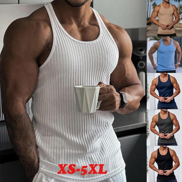 2023 Men Summer Tank Top Knitted Solid Color Sleeveless Vest Tops Gym Fitness Workout Clothes Fashion Crew Neck T Shirt Undershirts Plus Size XS-5XL