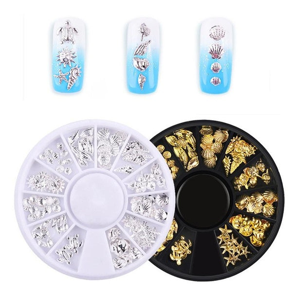 1 Box Ocean Theme Metal Studs Sea Starfish Shell Turtle Slice Flakes 3d Nail Art Decoration DIY UV Manicure Tools