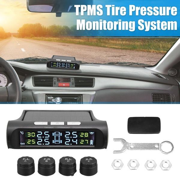 Solar Wireless TPMS Car Tire Tyre Pressure Monitoring System With 4 External Sensors Tire Pressure Inspection Tool Digital LCD Display Temperature Al