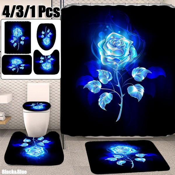 Blue Rose 4-3-1Pcs Pattern Bathroom Decoration Waterproof Bathroom Shower Curtain Mats Rugs Set Non-Slip Bathroom Carpets Toilet Lid Cover Floor Mats