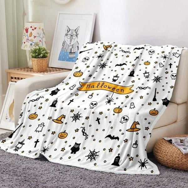 Soft Cozy Halloween Blanket, Spooky Pumpkin Bat Spider Webs Print White Throw Blanket for Couch Bed Home Decoration Gifts, Premium Fleece Halloween T