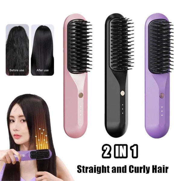 2 in 1 Hair Straightener Brush and Curler, Cordless Hair Straightener Brush with Temp, Negative Ion Styling Comb, Portable Electric Straightening Com