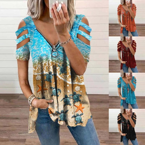 Women's Fashion Summer Clothes Casual Sea Turtle Feather Printing Off Shoulder Short Sleeved Tops Deep V-neck Zipper Blouses Ladies T-shirt Loose Plu