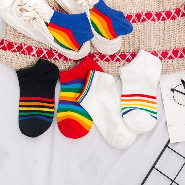 Personality Rainbow Stripe Socks Girls Cotton Match Color Ankle Socks Women's Fashion Boat Socks