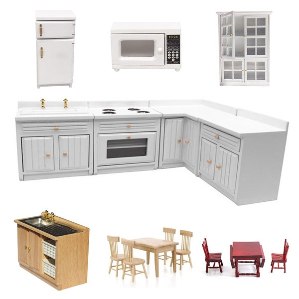 Mini Dollhouse Kitchen Wooden Furniture Miniatures 1:12 Scale Mini Cooktop Table Chairs Refrigerator Microwave Oven Kids Toy