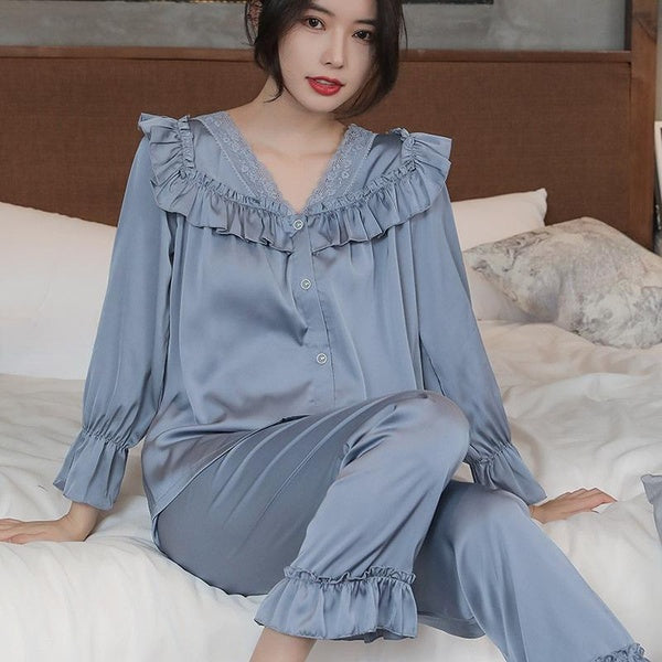 Fashion Women's Two Pieces Retro Court Style Pajamas Set Ladies Long Sleeve Ruffle Night Soft Silk Casual Sleepwear