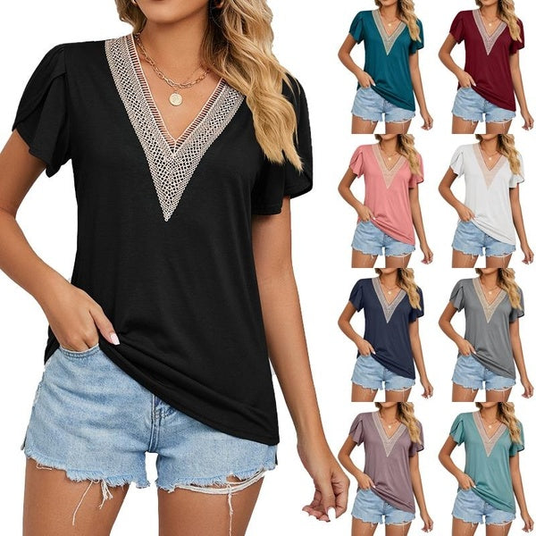 Women's Summer Fashion Casual V Neck Short Sleeve Blouses Ladies Soft Comfortable T-shirts Loose T Shirts Solid Color