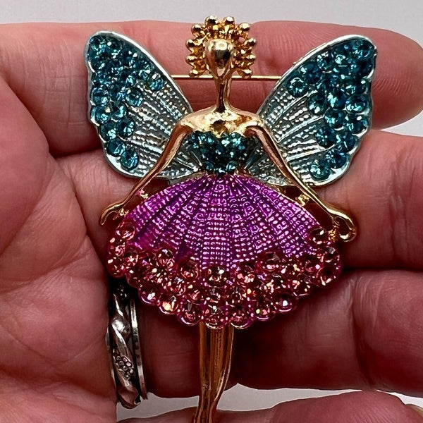 BROCHE FÉE Pendentif Jambes Articulées Strass Émail Bijoux Fantaisie