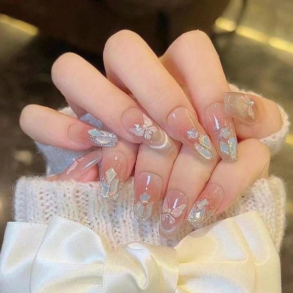 24pcs Long Ballerina False Nails Press on Nails Cat's Eye French Butterfly Pearl Diamond Nail Art Detachable Fake Nails Nail Tip