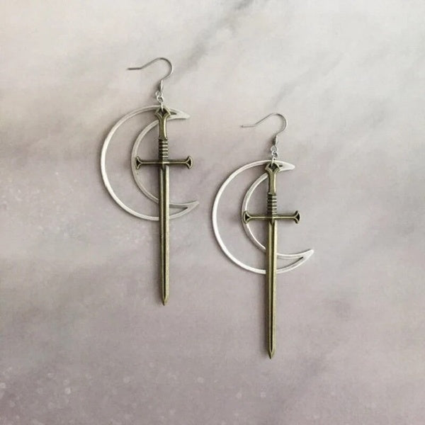 Ceremonial Sword Ritual Earrings Bronze Version Crescent Ring Sword Classic Eardrop Big Punk Mystical Jewellery Women Gift Metal