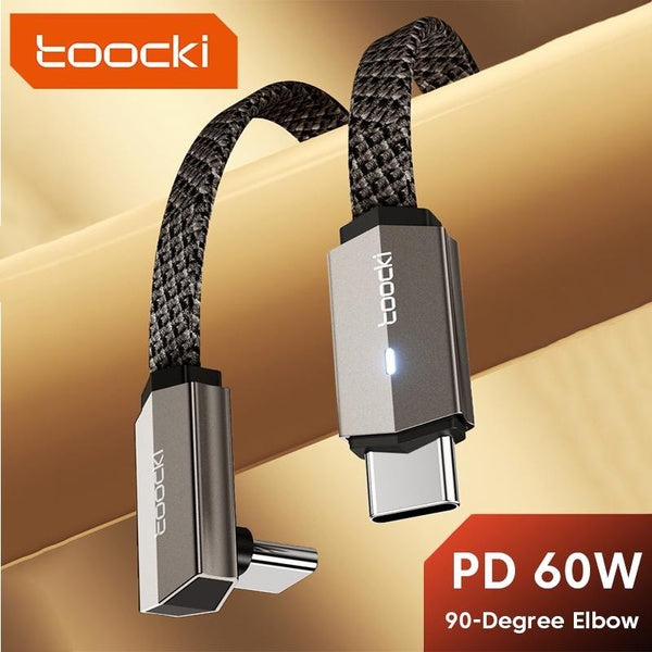 Toocki 90-Degree Elbow Data Cable PD 60W USB-C to Type-C PD3.0 QC3.0 Fast Charging Cable For Samsung S23 Huawei Mate60 Xiaomi Mobile Phones Laptop Ta