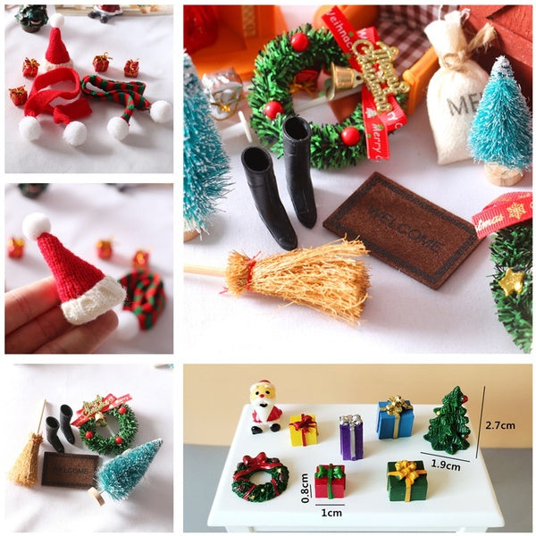 Dollhouse 1:12 Mini Doormat-Rain Boots-Broom-Christmas Tree-Xmas Wreath-Hat & Scarf Creative Doll House Accessories