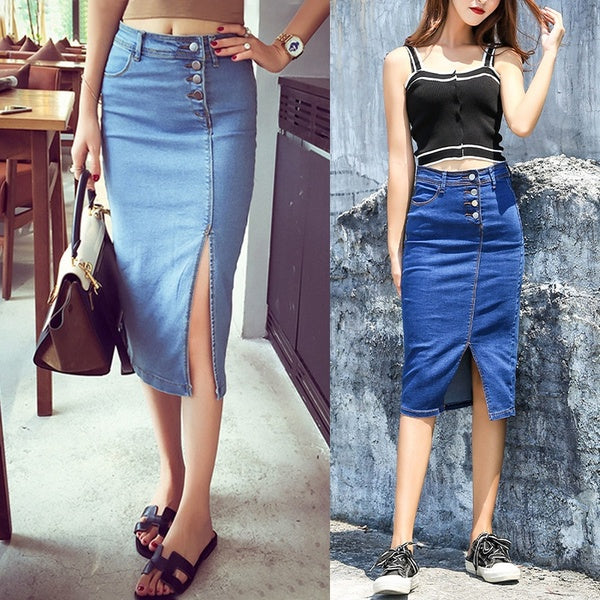 Women Casual Hight Waist Knee Length A-line Denim Skirt Jean Midi Pencil Skirts