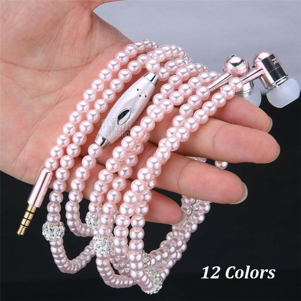 Fashion Universal 3.5mm In Ear Stereo Ear Bud Pearls Necklace Earphone Earbuds for Womens Gift (12 Colors)