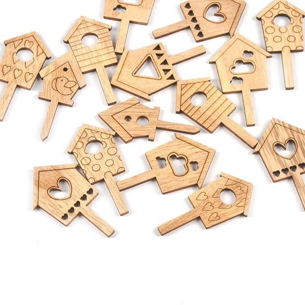 25Pcs 3x5cm Natural House Pattern Wooden Board Insert Ornaments Flowerpot Card Kids Supplies Wood DIY Crafts Home Decor Arts c3424