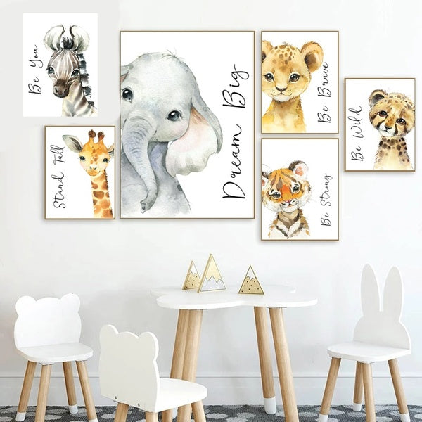 （No Frame）Animals Poster Wall Art Lion Giraffe Prints Canvas Painting Nordic Art Watercolor Home Wall Decor Design for Kids Room Nursery Wall Mural