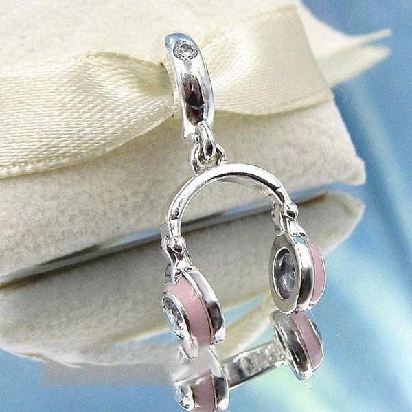 Factory Wholesale 925 Sterling Silver Pink Headphones Pendant Bead For European Jewelry Charm Bracelets