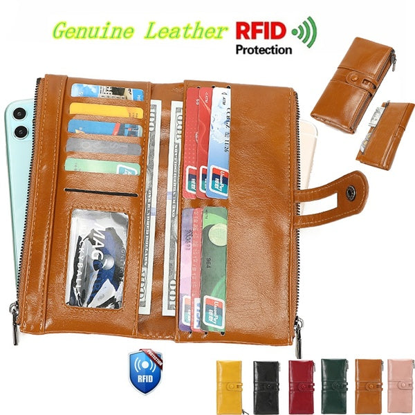 Women RFID Blocking Purses,Ladies Genuine Leather Wallet Large Capacity Multi-function Travel Ladies Purse Card Holders (Phone Pocket Coin Pocket Car