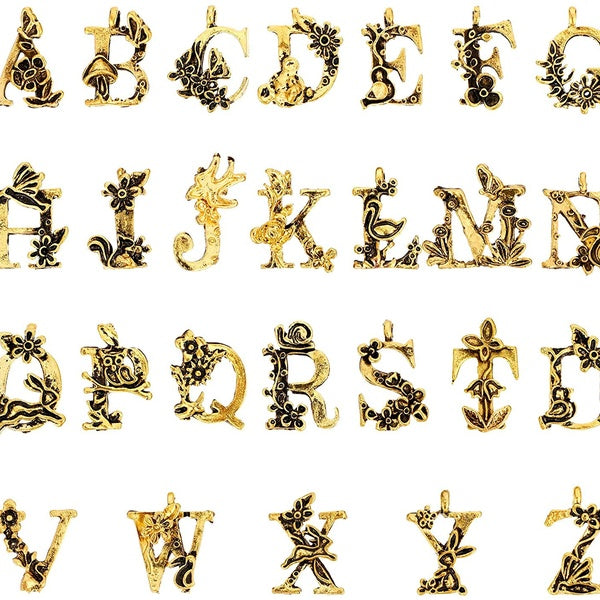 26 Pièces Initiale Lettre de l'Alphabet Charmes Pendentif Perles en Vrac Émail Fleur Style Pendentifs Jardin Conte de Fées Style Princesse pour Bijou