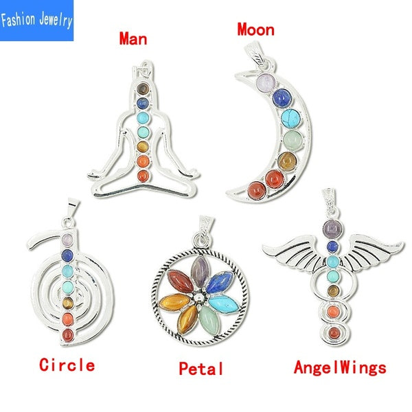 Yoga sept chakras semi-précieux pierre ornement aura symbole Cho Ku REI lune ange aile pendentif collier